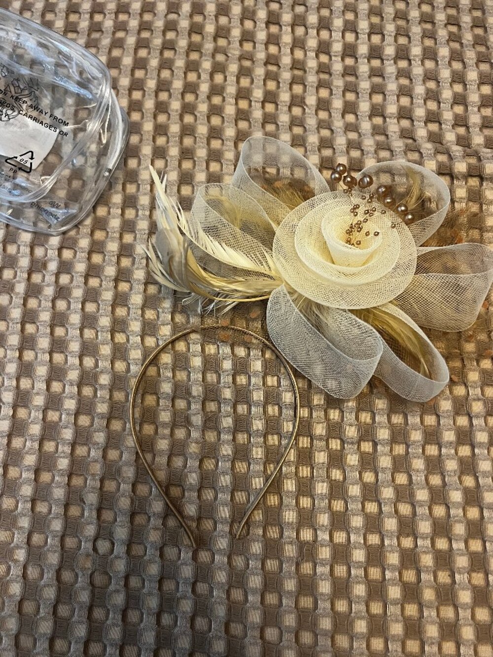 Tan & Offwhite Fascinator with Headband and Clip NWT